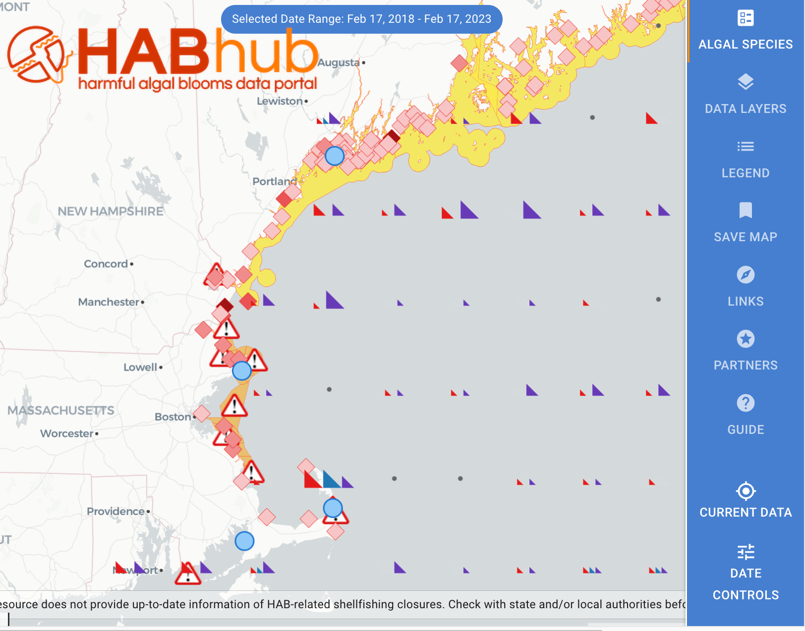 WHOI HABHub data prototype data layers include toxin monitoring data, shellfish closures, and Imaging Flowcytobot sensor data.