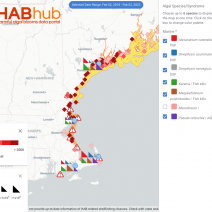 WHOI HABHub data prototype data layers include toxin monitoring data, shellfish closures, and Imaging Flowcytobot sensor data.